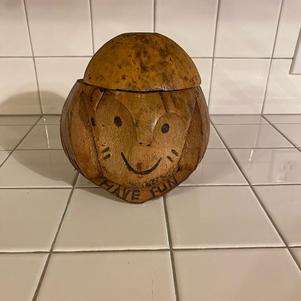 Hand Carved Coconut Have Fun Monkey Tiki Bar Decor Tip Jar Drink Holder Bank